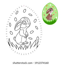 Educational game and coloring book for children. Connect the dots on the figures. Easter egg. Hand drawn. Black and white vector illustration with a sample for coloring.