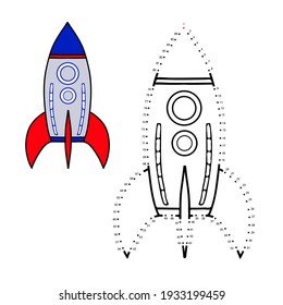 Educational game and coloring book for children. Connect the dots on the figures. Space theme. Rocket. Hand drawn. Black and white vector illustration with a sample for coloring.