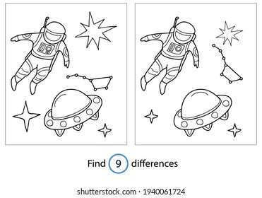 Educational game and coloring book for children. Find differences. Space theme. Astronaut, spaceship, constellation, stars. Hand drawn. Black and white vector illustration.