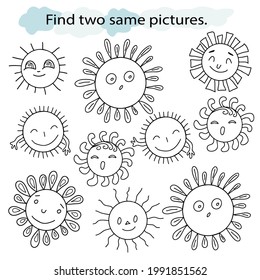 Educational game and coloring book for children. Find two same pictures. A set of suns. Hand drawn. Black and white vector illustration.