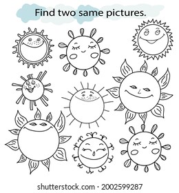 Educational game and coloring book for children. Find two same pictures. A set of funny suns. Hand drawn. Black and white vector illustration.