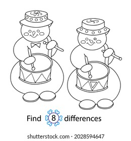 Educational game and coloring book for children. Find differences. Snowman with a drum. Hand drawn. Black and white vector illustration with sample for coloring.