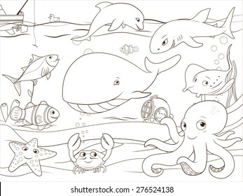 Educational game coloring book underwater life animals