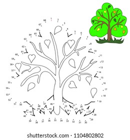 Educational game and coloring for children. Connect the dots on figures. Tree with leaves.  Vector illustration.