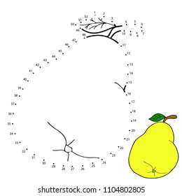 Educational game and coloring for children. Connect the dots on figures.  Yellow pear. Vector illustration.