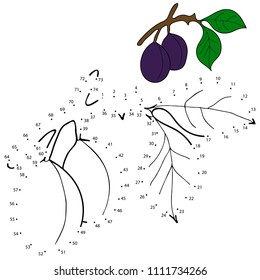 Educational game and coloring for children. Connect the dots on the figures. Plums on the branch. Vector illustration.