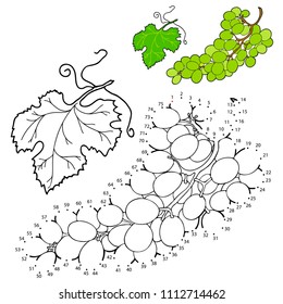 Educational game and coloring for children. Connect the dots on the figures. A bunch of green grapes. Vector illustration.