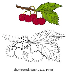 Educational game and coloring for children. Connect the dots on the figures. Cherries on a branch. Vector illustration.