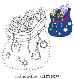 Educational game and coloring for children. Connect the dots on the figures. Santa's Christmas bag with gifts. Black and white vector illustration.