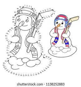 Educational game and coloring for children. Connect the dots on the figures. Christmas decoration.  Snowman with a stick. Hand drawn. Black and white vector illustration.
