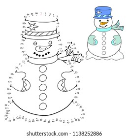 Educational game and coloring for children. Connect the dots on the figures. Christmas decoration. Snowman in a hat. Hand drawn. Black and white vector illustration.