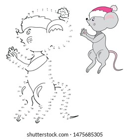 Educational game and coloring for children. Connect the dots on the figures. Cheerful little mouse in a hat. Hand drawn. Black and white vector illustration with a pattern for coloring.