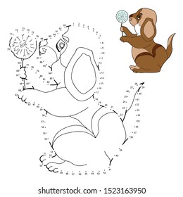 Educational game and coloring for children. Connect the dots on the figures. Dog with a dandelion. Hand drawn. Black and white vector illustration with a pattern for coloring.