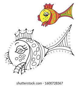 Educational game and coloring for children. Connect the dots on the figures. Sea creatures. Fish. Hand drawn. Black and white vector illustration with a pattern for coloring.