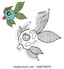 Educational game and coloring for children. Connect the dots on the figures. Sea creatures. Fish. Hand drawn. Black and white vector illustration with a pattern for coloring.