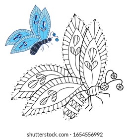 Juego educativo y coloración para niños. Conecte los puntos de las figuras. Insectos.Mariposa. Dibujado a mano. Ilustración vectorial en blanco y negro con un patrón para colorear.