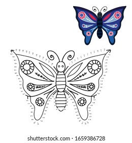 Juego educativo y coloración para niños. Conecte los puntos de las figuras.Insectos. Mariposa. Dibujado a mano. Ilustración vectorial en blanco y negro con un patrón para colorear.