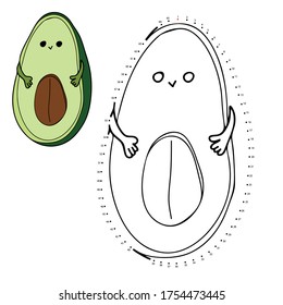 Juego educativo y coloración para niños. Conecte los puntos en las figuras.Verduras. Aguacate. Dibujado a mano. Ilustración vectorial en blanco y negro con un patrón para colorear.