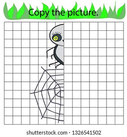 Educational game and coloring for children. Copy the picture. Spider and web. Color vector illustration.