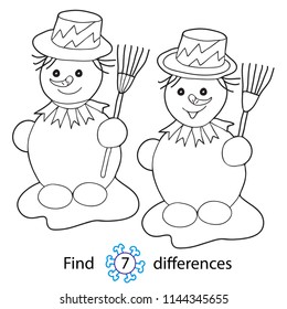 Educational game and coloring for children. Find differences. Snowman with a broom. Hand drawn. Black and white vector illustration.