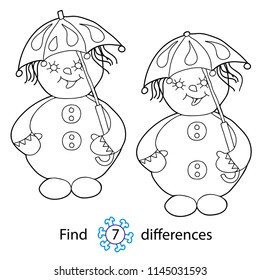 Educational game and coloring for children. Find differences. Funny snowman with umbrella. Hand drawn. Black and white vector illustration.