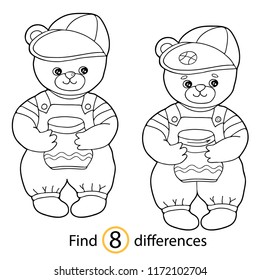 Educational game and coloring for children. Find differences. A bear cub with a keg. Black and white vector illustration.