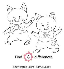 Educational game and coloring for children. Find differences. Funny little pig. Hand drawn. Black and white vector illustration.