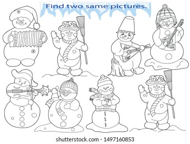 Educational game and coloring for children. Find two same pictures. Set of snowmen. Black and white vector illustration.