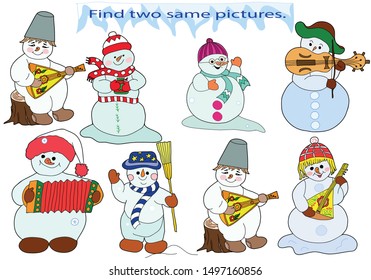 Educational game and coloring for children. Find two same pictures. Set of snowmen. Color vector illustration.