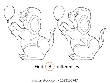 Educational game and coloring for children. Find differences. Dog with a balloon. Hand drawn. Black and white vector illustration.