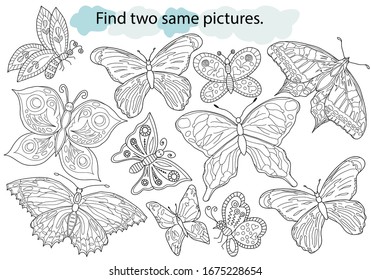 Educational game and coloring for children. Find two same pictures. Set of butterflies. Hand drawn. Black and white vector illustration.