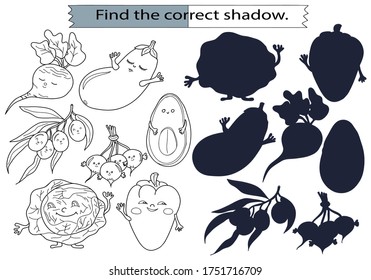 Educational game and coloring for children. Find the correct shadow. A set of vegetables. cabbage, pepper, eggplant, olives, radishes, avocados, beets. Hand drawn. Black and white vector illustration.