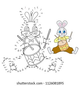 Educational game and coloring for children. A hare with a drum. Vector illustration.