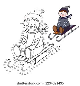 Educational game and coloring for kids. Connect the dots on the figures. Winter theme. The boy is sledding. Hand drawn. Black and white vector illustration.