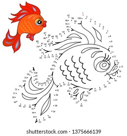 Educational game and coloring for kids. Connect the dots on the figures. A fish. Black and white vector illustration.