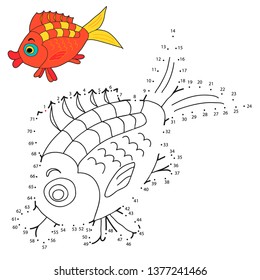 Educational Game And Coloring For Kids. Connect The Dots On The Figures. A Fish. Black And White Vector Illustration With A Pattern For Coloring.