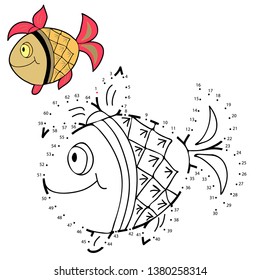 Educational game and coloring for kids. Connect the dots the figures. A fish. Black and white vector illustration with a pattern for coloring.