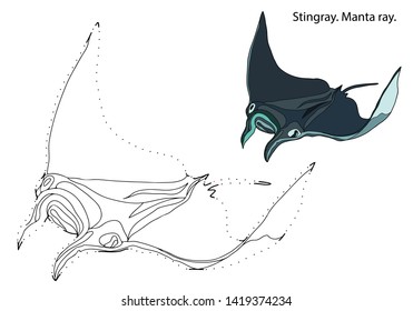 Educational game and coloring for kids. Connect the dots on the figures. Sea creatures. Stingray. Manta ray. Hand drawn. Black and white vector illustration with a pattern for coloring.