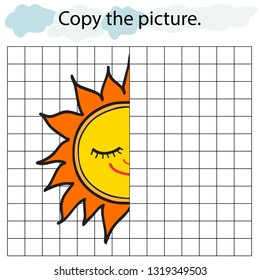 Educational game and coloring for kids. Copy the picture. Nature. The sun. Hand drawn. Color vector illustration.