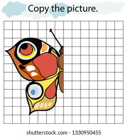 Educational game and coloring for kids. Copy the picture. Insect. Butterfly. Hand drawn. Color vector illustration.