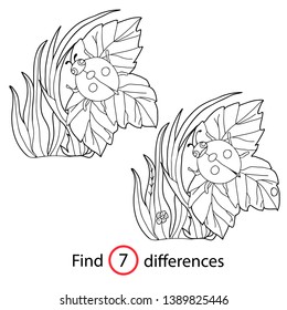 Educational game and coloring for kids. Fbnd differences. Ladybug on a leaf. Hand drawn. Black and white vector illustration.
