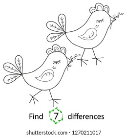 Educational game and coloring for kids. Find differences. Bird with a sprig. Hand drawn. Black and white vector illustration.