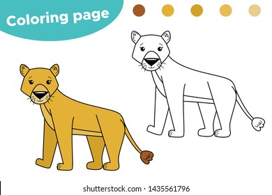Educational game coloring page for kids. Cute cartoon lioness. African animals.