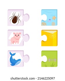 Educational game concept. Collection of puzzles for development of logical connections. Task to connect animal and environment. Cartoon flat vector illustrations isolated on white background