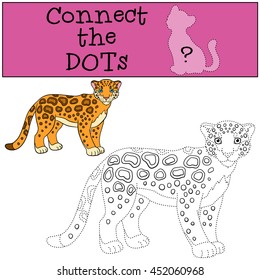 Educational game: Connect the dots. Cute spotted jaguar stands and smiles.