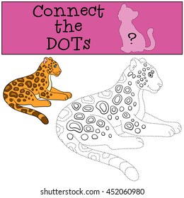 Educational game: Connect the dots. Cute spotted jaguar lays and smiles.