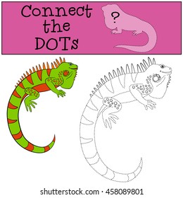 Educational game: Connect the dots. Cute iguana sits and smiles.
