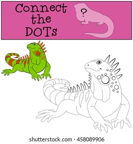 Educational game: Connect the dots. Cute iguana sits and smiles.