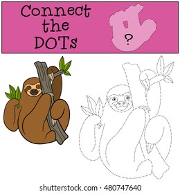 Educational game: Connect the dots. Cute lazy sloth hangs on the tree branch and smiles.