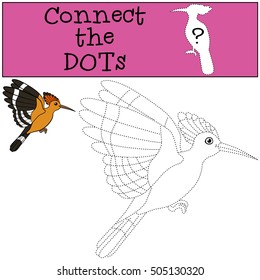 Educational game: Connect the dots. Cute beautiful hoopoe flies and smiles.